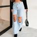 Women’s Clothing Early Spring Large Hole Chain Pendant Ladies Denim Straight Pants_ecoleips.com