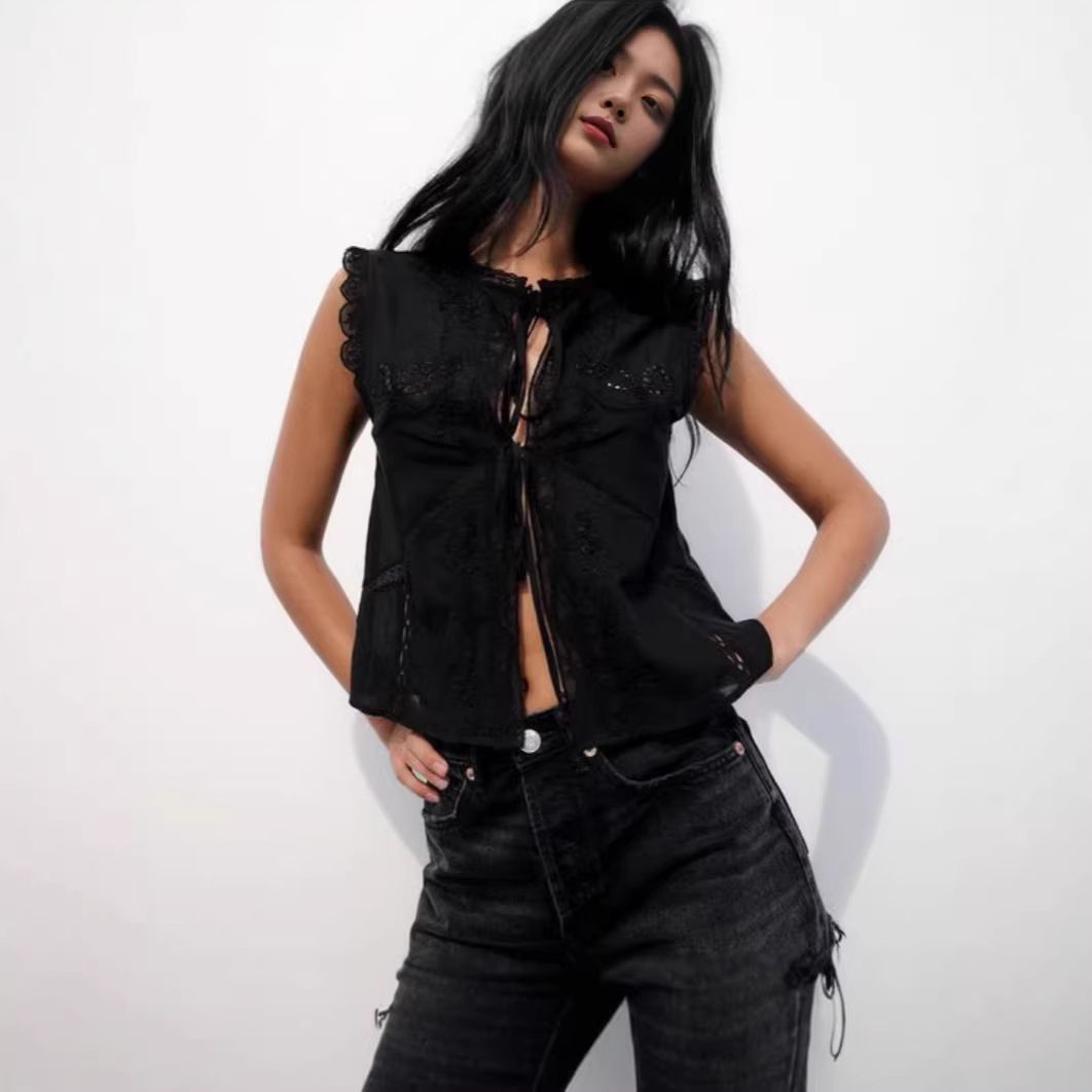 Women's Clothing Spring Summer Women's Loose Fit Top Style Bow Embroidery Lace Trim For Formal & Casual For Women_ecoleips.com