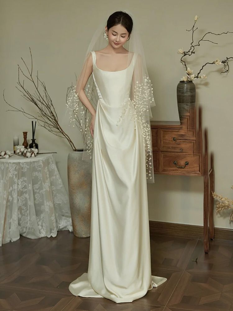 French Style Satin Light Strapless Wedding Dress Empress Dowager High End White Forest Going out Reception Dress for Women_ecoleips.com