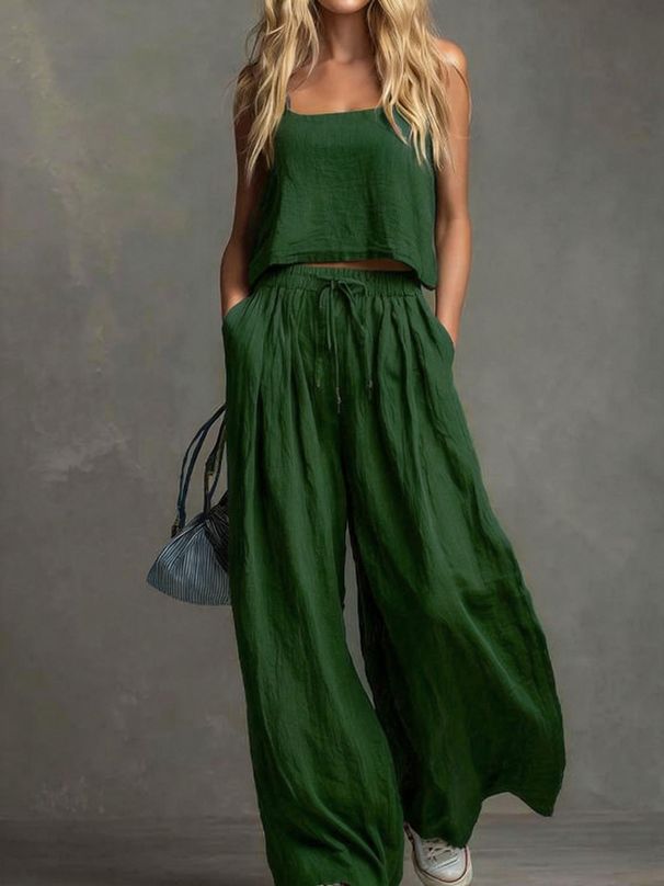 Women's Clothing Summer Casual Vacation Style Women's Camisole And Wide Leg Pants Set Solid Color High Waisted Drawstring Top And Bottoms Outfit_ecoleips.com