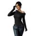 Voya Women's Summer Niche Design With Feather Splicing, Irregular Single Shoulder Hem, Slim Fit Long Sleeved Top For Women_ecoleips.com