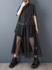 2026 Summer New Mesh Patchwork Vintage Shirt Dresses For Women Short Sleeve Loose Casual Ladies Dress Fashion Elegant Clothing_ecoleips.com
