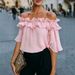 Women's Off-Shoulder Blouse With Flounce Sleeve - Elegant Ruffle Trim Casual Summer Top In Navy, Sky Blue, Black, White, Purple, Pink_ecoleips.com
