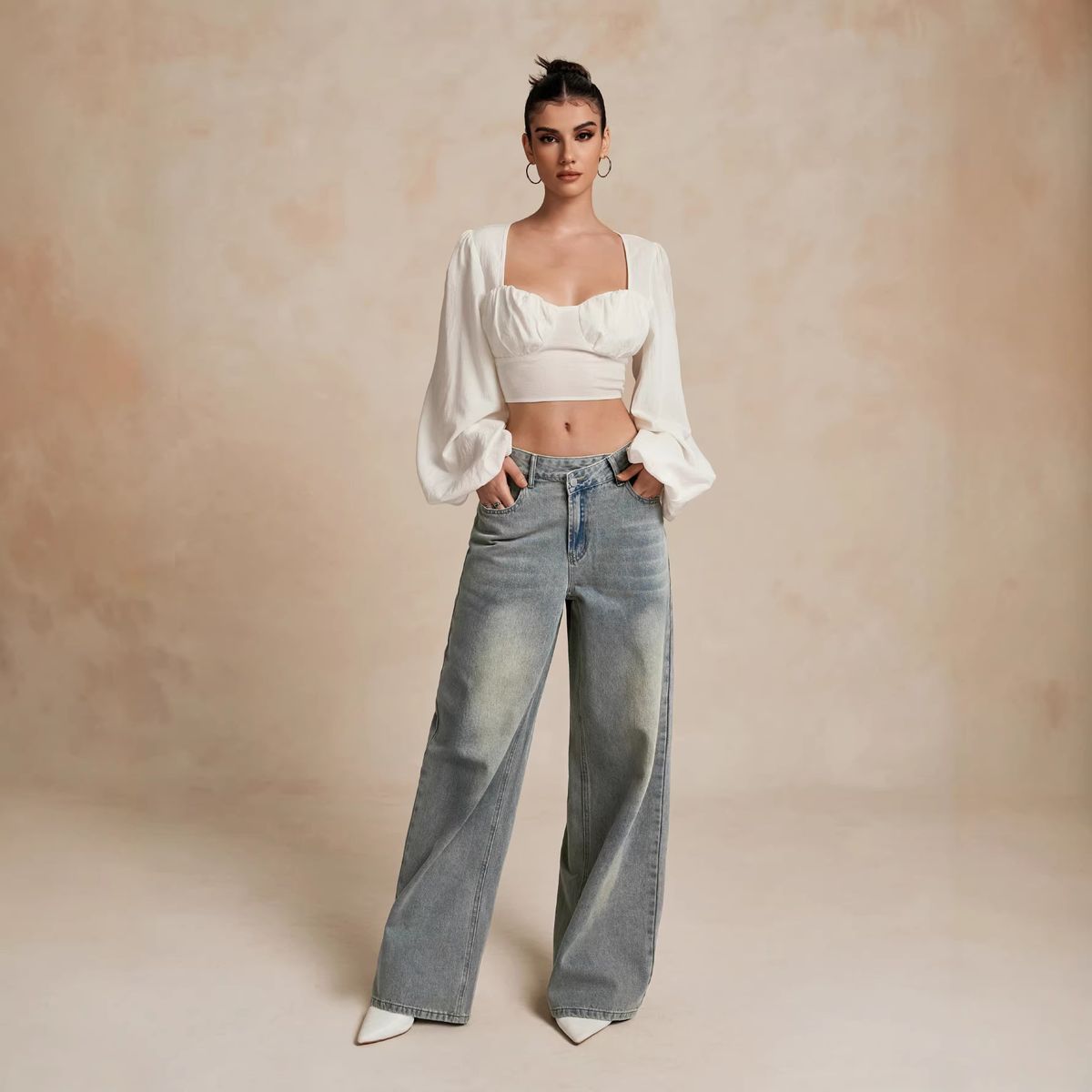 Women's Clothing Retro Distressed Denim Wide Leg Trousers Mid-Rise Light Blue Vintage Flare Jeans – Relaxed Wide-Leg Distressed Denim Pants For Women_ecoleips.com