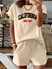 Summer New Blue California Letter Pattern T-shirt, Casual Printed Round Neck Short Sleeved Top With Elastic Waist Pocket, Women's Two-piece Set-285_ecoleips.com