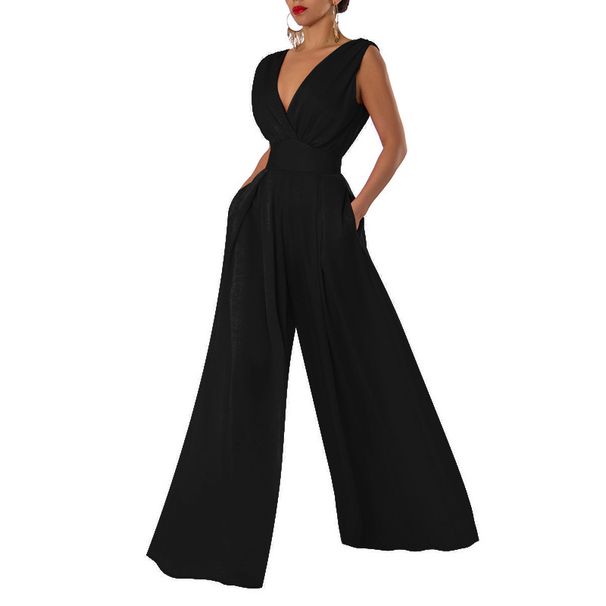 Women's Clothing Slim Fit One Piece High Waist Wide Leg Pants V Neck Polyester Fabric Long Straight Cut_ecoleips.com