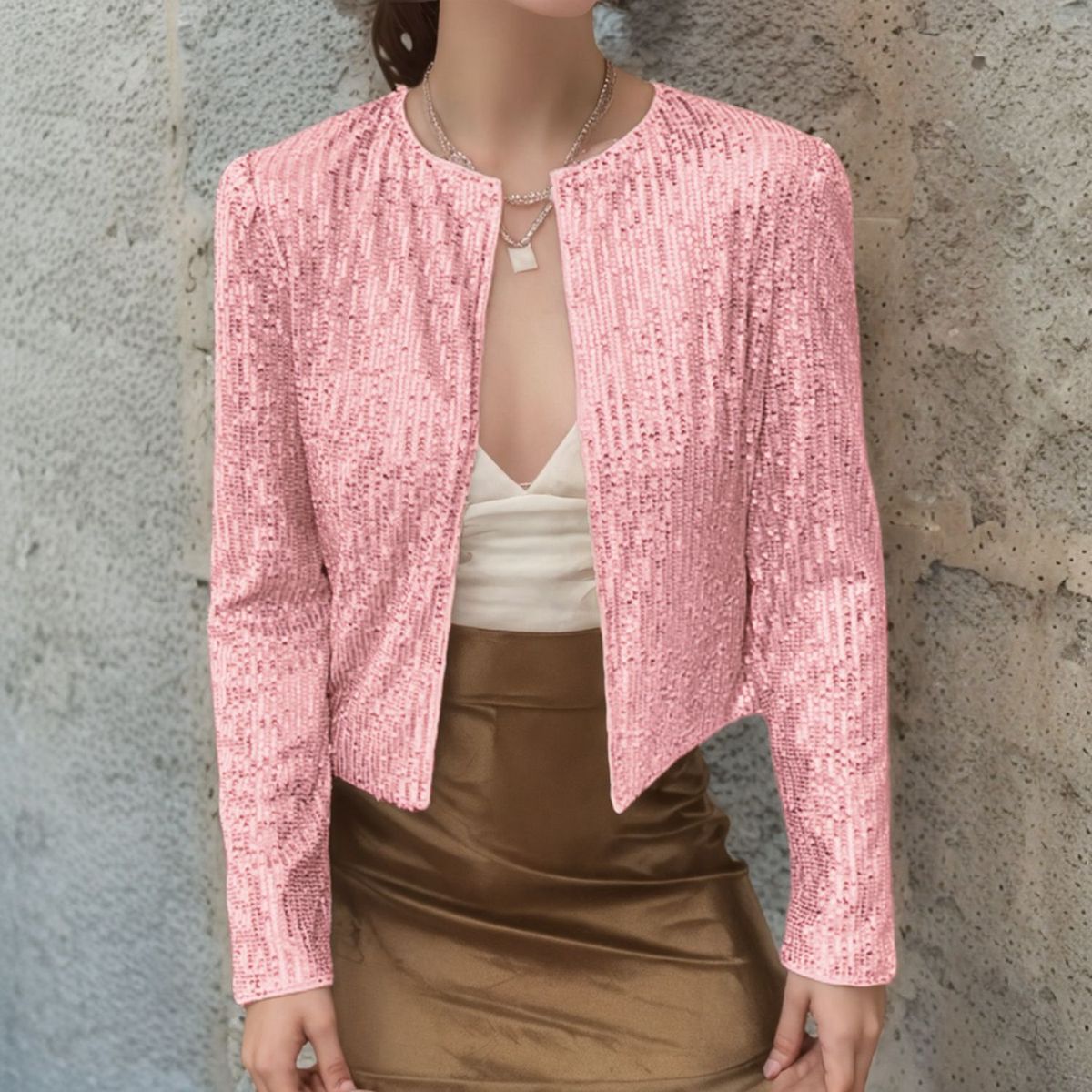 Long Sleeve Round Neck Bling Blouse – Slim Fit Metallic Thread Knit Cardigan (Black/Red/Rose Gold/Silver/Champagne)_ecoleips.com