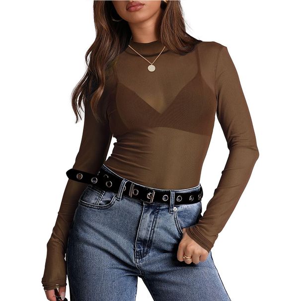 Women's Clothing Half High Neck Perspective Long Sleeved T Shirt Sexy Mesh Top_ecoleips.com