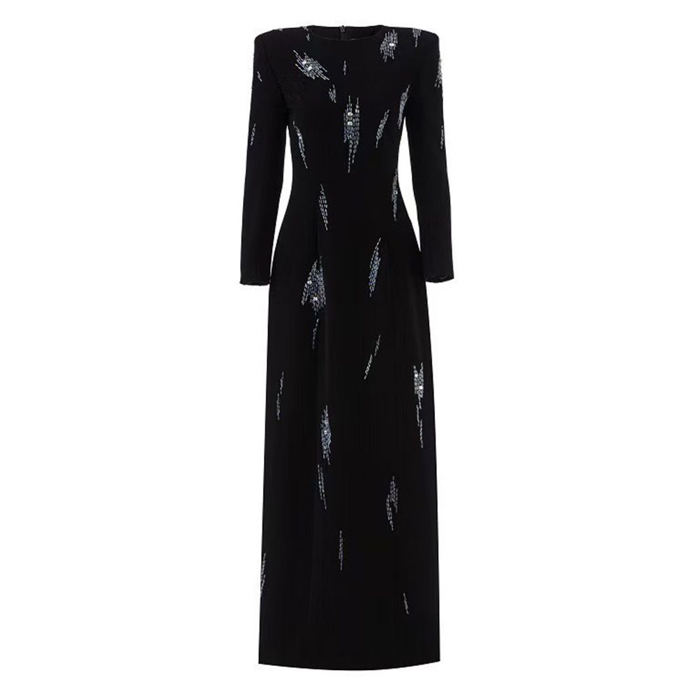 K High End Beaded Sequined Round Neck Dress With A Slimming And Slimming Style, Featuring A Heavy Weight Beaded Long Skirt_ecoleips.com