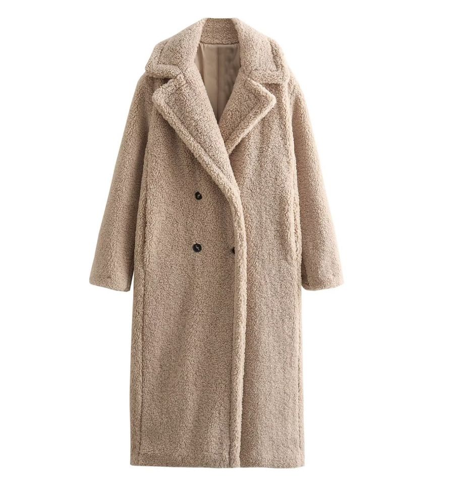 Women's Fleece Lined Double Breasted Trench Coat - Oversized Long Coat With Button Detail (Black/Dark Khaki)_ecoleips.com