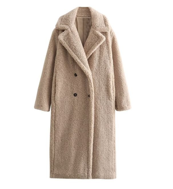 Women's Fleece Lined Double Breasted Trench Coat - Oversized Long Coat With Button Detail (Black/Dark Khaki)_ecoleips.com