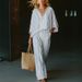 New 3D Striped V Neck Wide Leg Pants Set for Women Fashionable Casual Two Piece Set Cross Border Style for Vacation_ecoleips.com