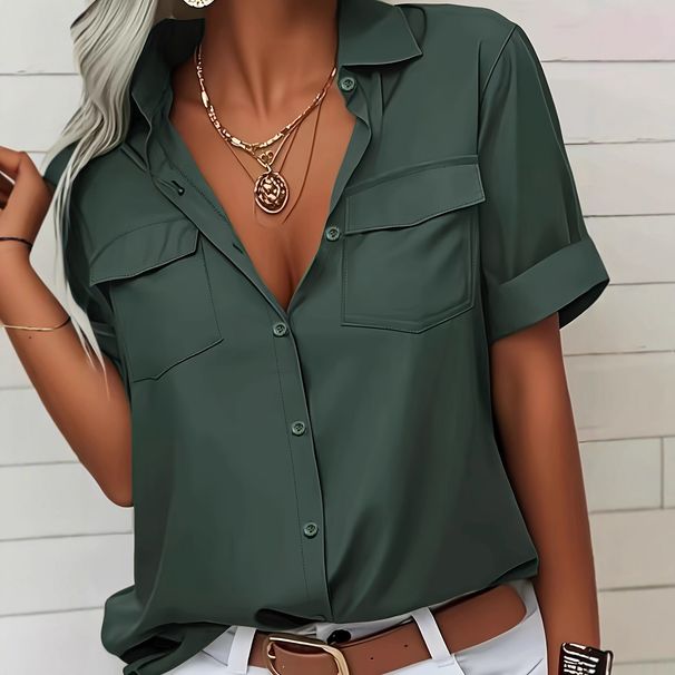 Aria Basics Aria Basics European American Spring/Summer New Round Neck Women's Shirt With Turn-down Collar, Short Sleeves, And Pockets_ecoleips.com