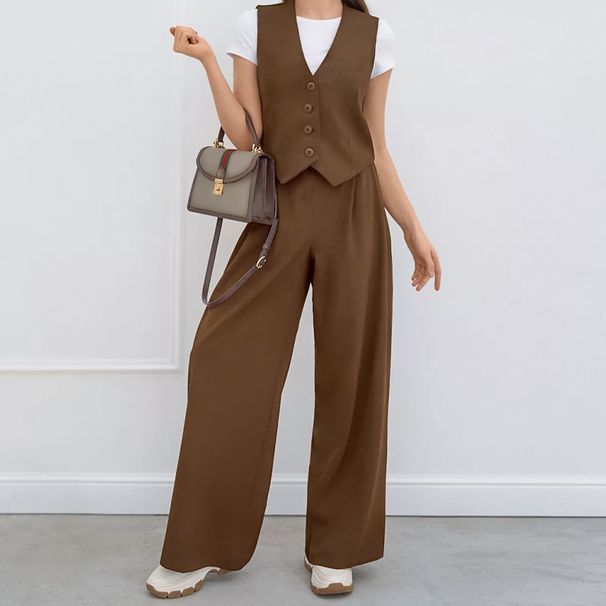 Summer Women's Sleeveless Vest & Pants Set – Office Commuter Outfit, Breathable Polyester Blend, Grey & Brown_ecoleips.com