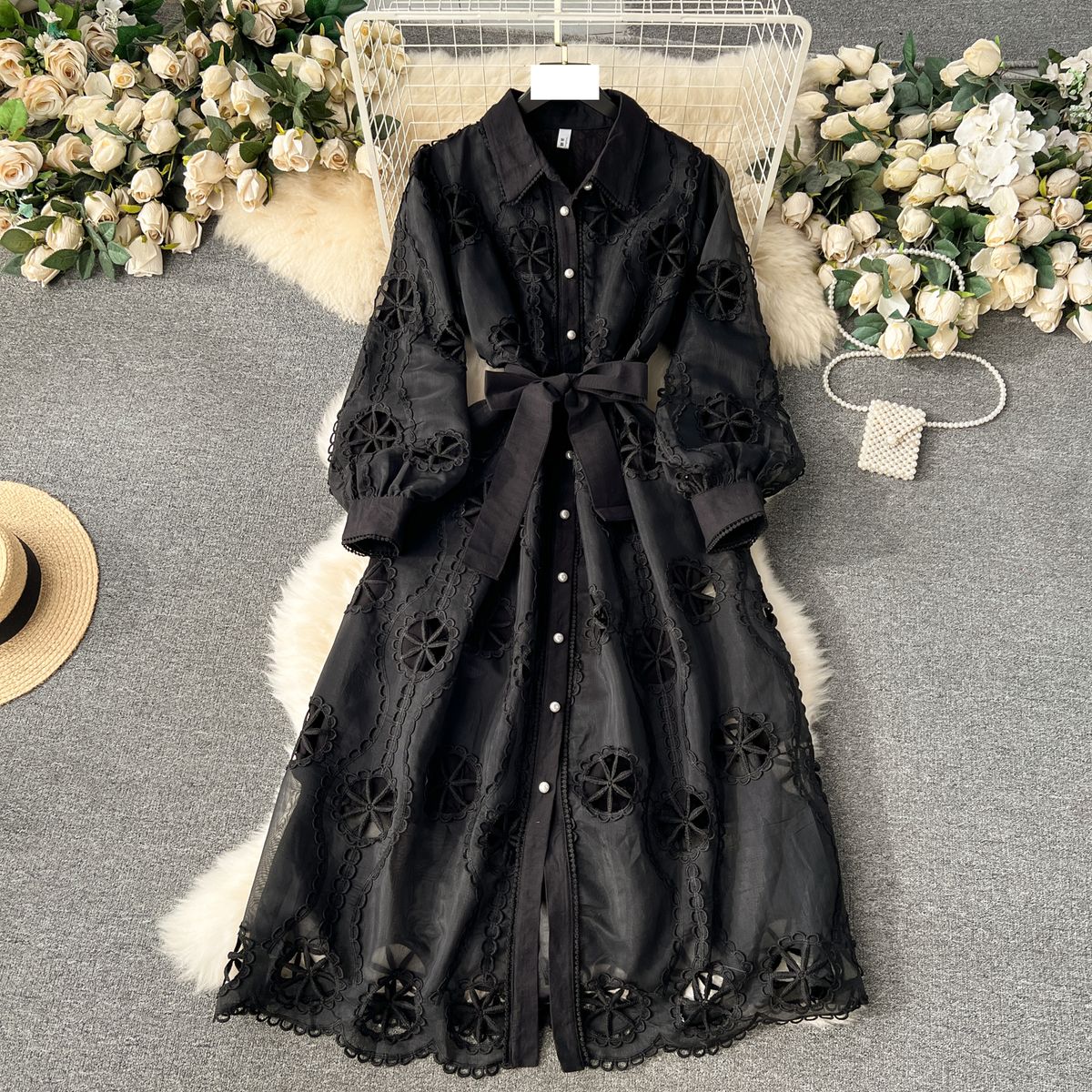 Women's Clothing Fashion Hollow Flower Breasted Slim-fit Mid-length Version Puffy Sleeve Dress_ecoleips.com