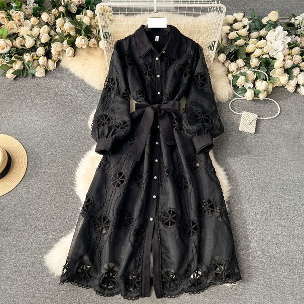 Women's Clothing Fashion Hollow Flower Breasted Slim-fit Mid-length Version Puffy Sleeve Dress_ecoleips.com