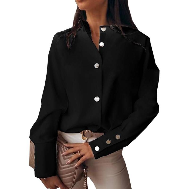 Women's Clothing Shirt Button Solid Color Commuter Style Round Neck _ecoleips.com