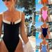 Women's Clothing Solid Color French Retro One Piece Swimsuit Sexy Gathered Tight Swimsuit_ecoleips.com