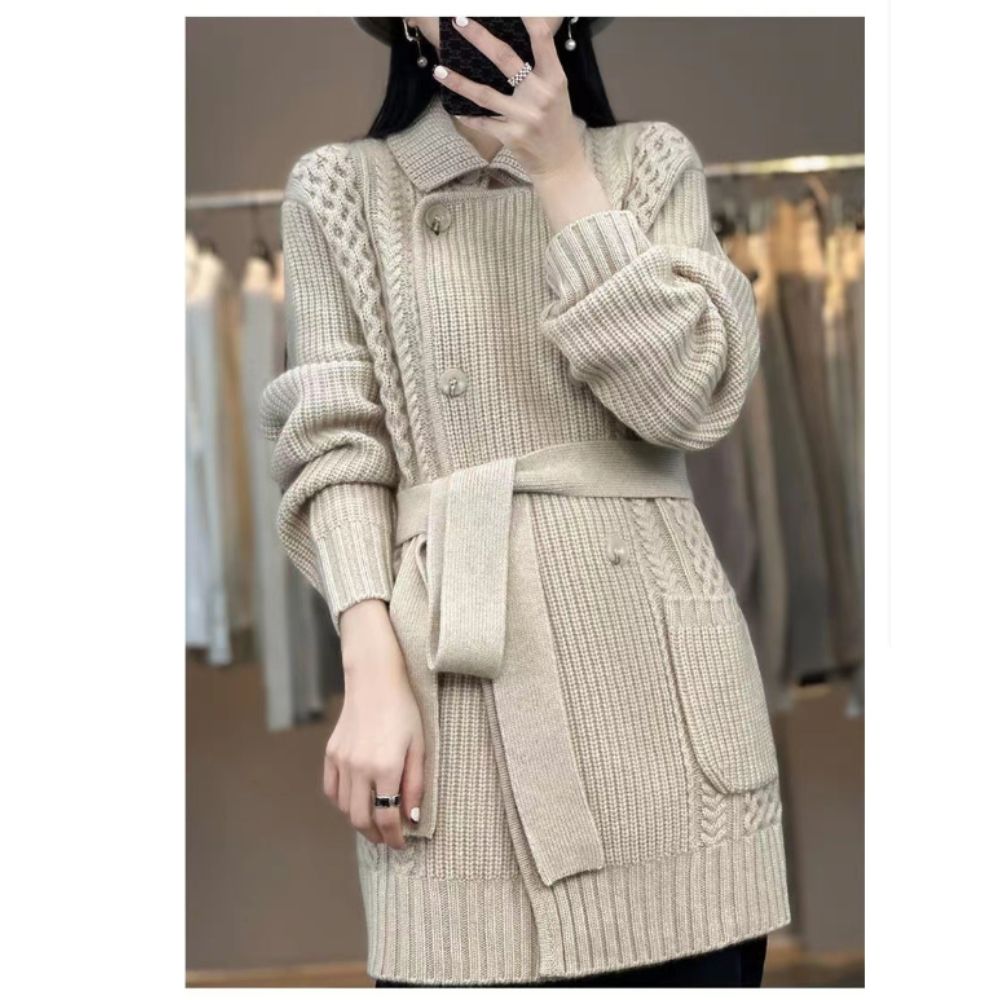 Women's Clothing Women's Mid-Length Knit Cardigan Sweater – Elegant & Versatile Open Front Coat For Casual & Office Wear (Beige, Sizes M-5XL)_ecoleips.com