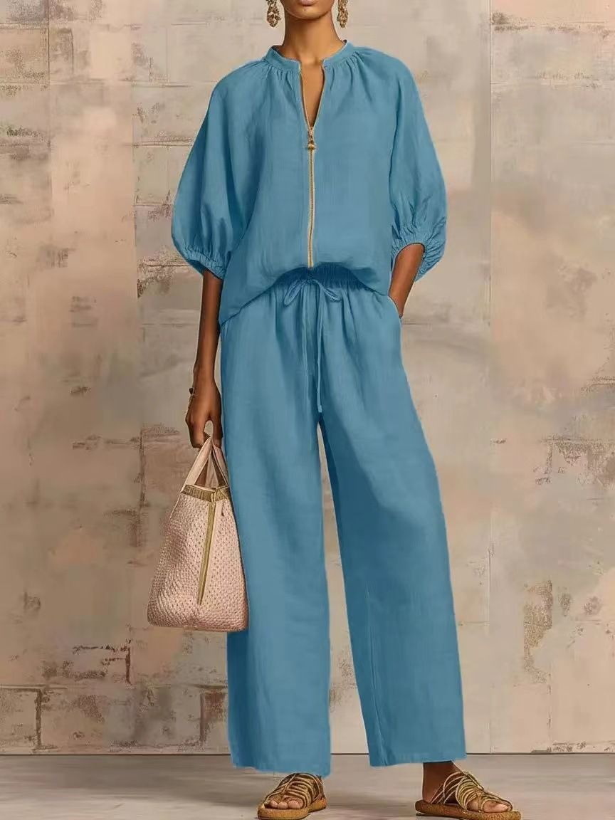 Spring/Summer Women's Casual Fashion Wide Leg Suit round Neck Zipper Detail Loose Fit European American Style Resort Look_ecoleips.com