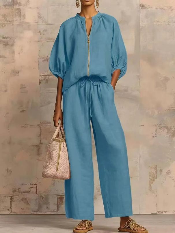 Spring/Summer Women's Casual Fashion Wide Leg Suit round Neck Zipper Detail Loose Fit European American Style Resort Look_ecoleips.com