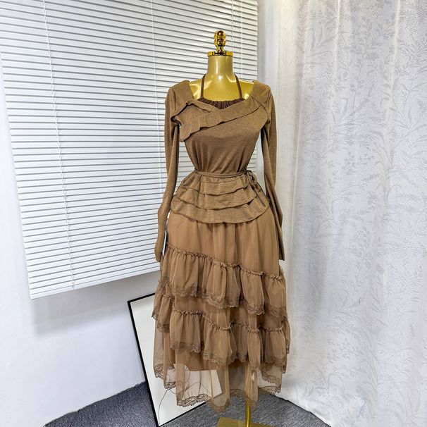 Women’s Ruffled Halter Neck & High-Waist Mesh Two-Piece Set – Autumn Slim Fit Commuter Outfit (Brown, One Size Fits All)_ecoleips.com