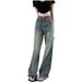 Vintage-style, Long-length, Wide-leg Jeans For Women, Spring/summer, Washed, High-waisted, Straight-cut, Loose-fitting,_ecoleips.com