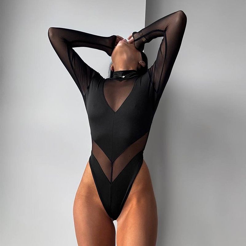 Women's Clothing Long Sleeve Street Sexy Mesh Splicing Tight Bodysuit_ecoleips.com