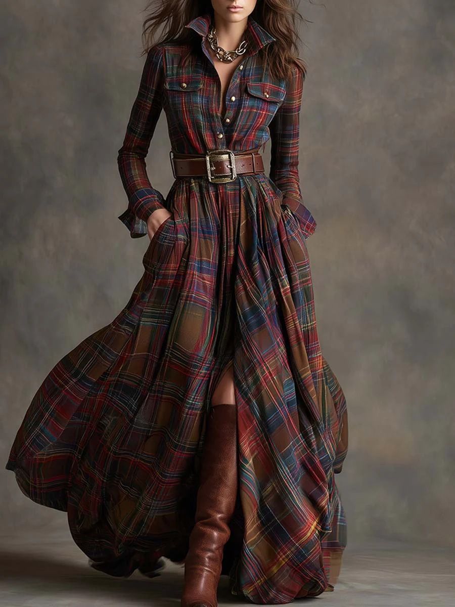 Women's Clothing Plus Size French Retro Plaid Slimming Dress Irregular New European American Style Women's Clothing_ecoleips.com