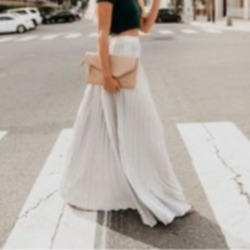 K New Large Size Mid-Waist Pleated Midi Skirt Women's Fashion Flared Long Skirt With Ruffles_ecoleips.com