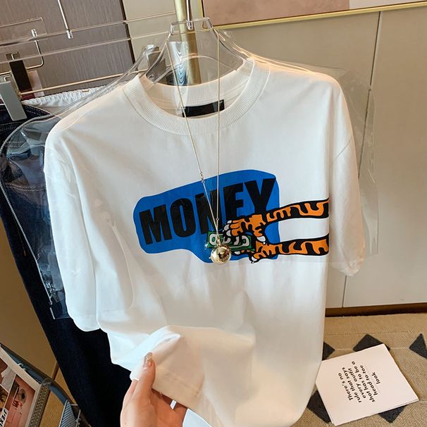 Women's White Tiger Themed T-Shirt Short Sleeve round Neck Loose Fit Trendy Top Mid-Length New Summer Style_ecoleips.com