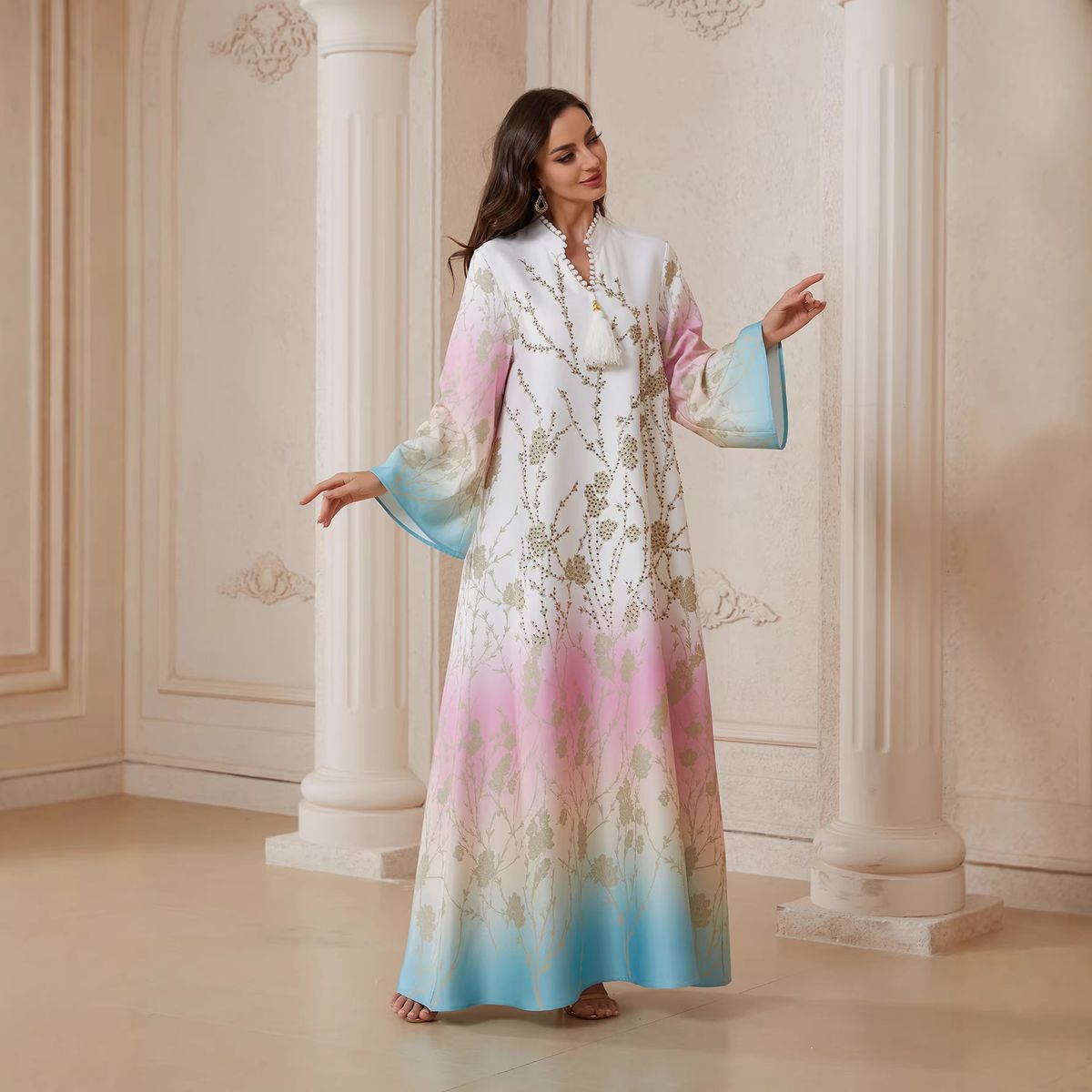 Women's Long Robe J Gradient Print Hot Fix Rhinestone Beaded Dress SW2609 Cross Border Fashion Muslim Clothing_ecoleips.com