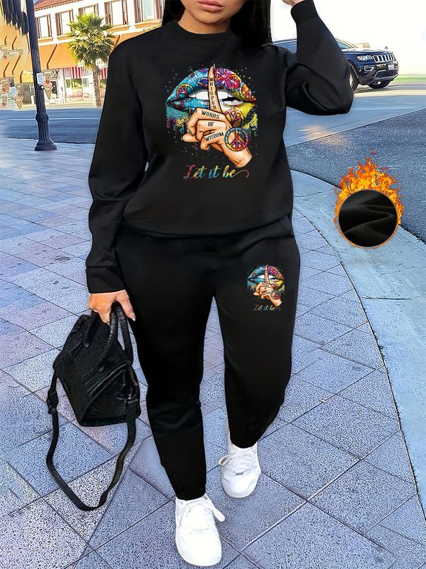 Women's Autumn And Winter Hip-hop Casual Street Lip Print Letter Print Round Neck Sweatshirt+sports Pants Set-612_ecoleips.com