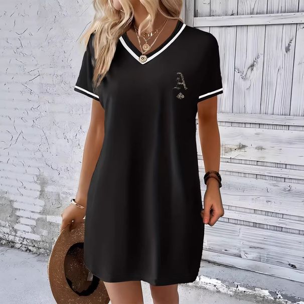Women's Clothing Women's V Neck Casual Dress Letter Print Versatile Autumn/Winter Solid Color For Formal & Casual For Women_ecoleips.com