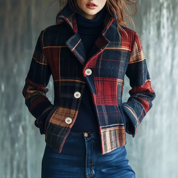 Vintage Checked Button-Up Jacket – Short-Length Retro Blazer With Stand Collar (S-3xl) Flattering Cropped Fit_ecoleips.com