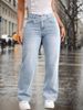 Women's Casual Light Blue Washed Overlap Waist Loose Straight Leg Jeans Denim Pants_ecoleips.com