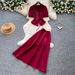 Women's Wine Red Bubble Sleeve Blouse And High-Waist Skirt Set - Elegant Office Wear Two Piece Outfit For Summer_ecoleips.com