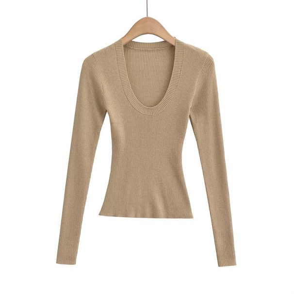 YPFF Trendy Women's Clothing European And American Style Sexy Knitted Long Sleeved Base Layer Top With Ribbed Fit And Slimming Effect_ecoleips.com