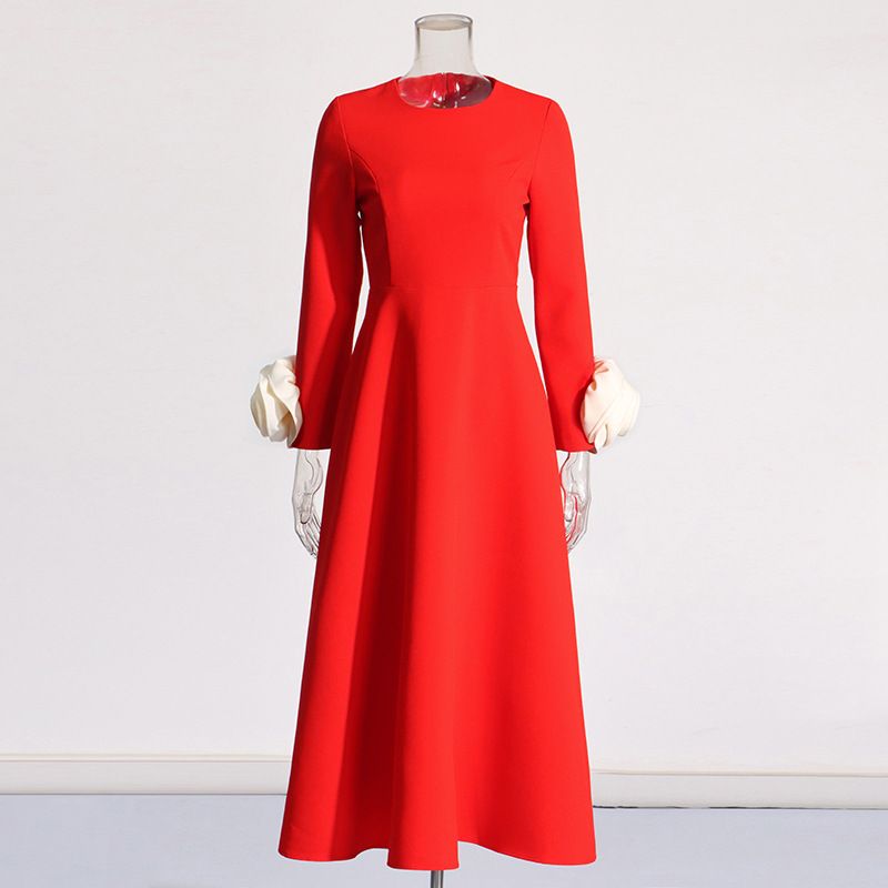 Women's Clothing Elegant Temperament Style Autumn New Long Three Dimensional Flower Decoration High Waist Simple Dress For Women_ecoleips.com
