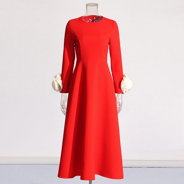 Women's Clothing Elegant Temperament Style Autumn New Long Three Dimensional Flower Decoration High Waist Simple Dress For Women_ecoleips.com