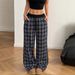 Women's Stretchy Elastic Waist Lounge Pants – Plaid Print, Loose Fit, Soft Polyester, Comfortable For Home & Outings (Black, Red, Yellow)_ecoleips.com
