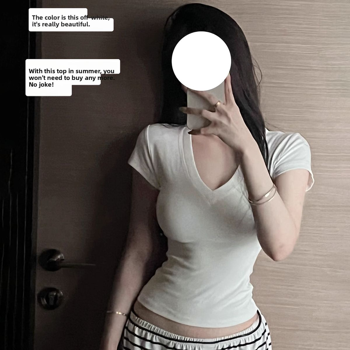 Korean Style Solid Color V-Neck T-Shirt Slim Fit Short Sleeve Slightly Sheer Summer Top Milky White Tencel Blend Versatile_ecoleips.com