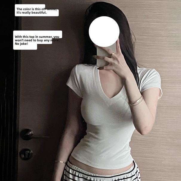 Korean Style Solid Color V-Neck T-Shirt Slim Fit Short Sleeve Slightly Sheer Summer Top Milky White Tencel Blend Versatile_ecoleips.com