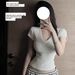 Korean Style Solid Color V-Neck T-Shirt Slim Fit Short Sleeve Slightly Sheer Summer Top Milky White Tencel Blend Versatile_ecoleips.com