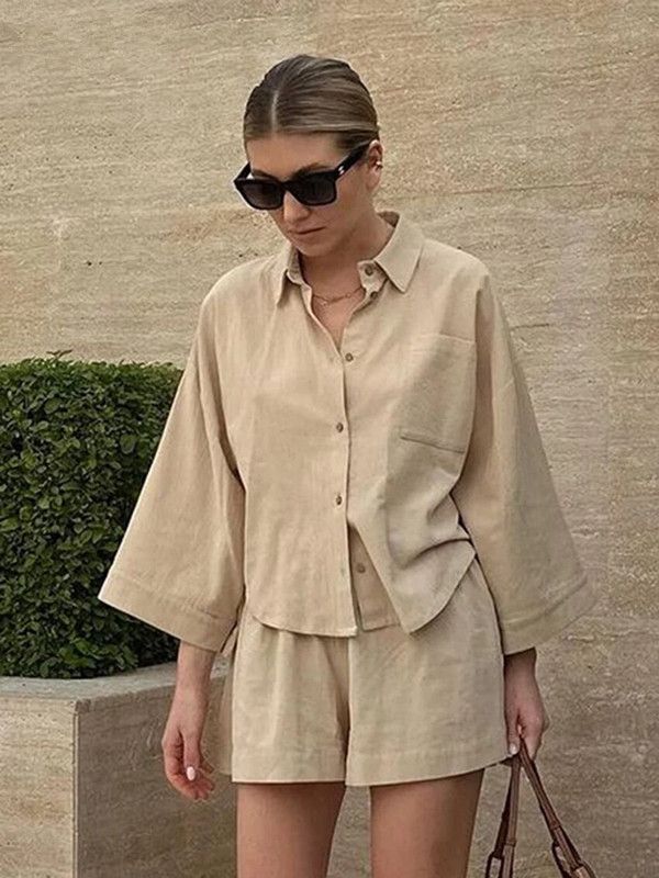 Women's Clothing Spring And Summer Comfortable Simple Cotton And Linen Pocket Lapel Three Quarter Sleeve Shirt Shorts Set_ecoleips.com