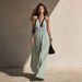 Women's American Style V Neck Halter Sleeveless Long Dress High Waist Casual Loose Color Block Backless Gown For Vacation_ecoleips.com