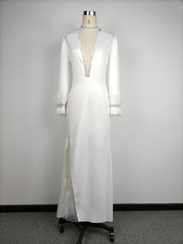 Women's Clothing New Women's Sexy Hot Diamond Deep V Slit Feather Banquet Evening Dress_ecoleips.com