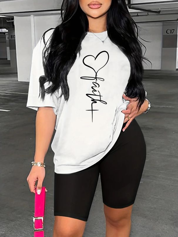 Summer Women's Casual Fashion Heart-shaped Letter Pattern Printed Loose T-shirt Shorts Two-piece Set Set Summer Sportswear Suitable For Daily Wear-189_ecoleips.com