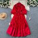 Women's Clothing French Retro Court Style Dress Beaded Lapel Lantern Sleeves Three Dimensional Floral Mesh Long Autumn_ecoleips.com