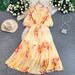 Women's Floral Ruffle Hem Maxi Dress with Puff Sleeves Elegant Romantic Design Flowy Chiffon One Size Fits Most_ecoleips.com